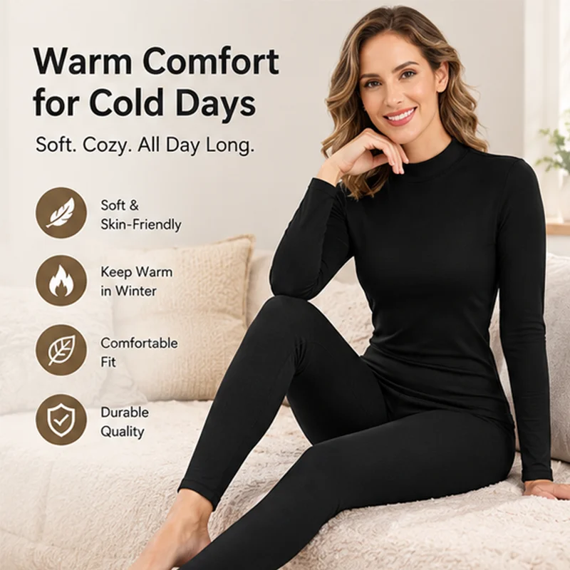 2 PCS Set Women's Thermal Underwear Soft Turtleneck Long Sleeve Top and Pants Breathable Keep Warm Base Layer for Autumn Winter