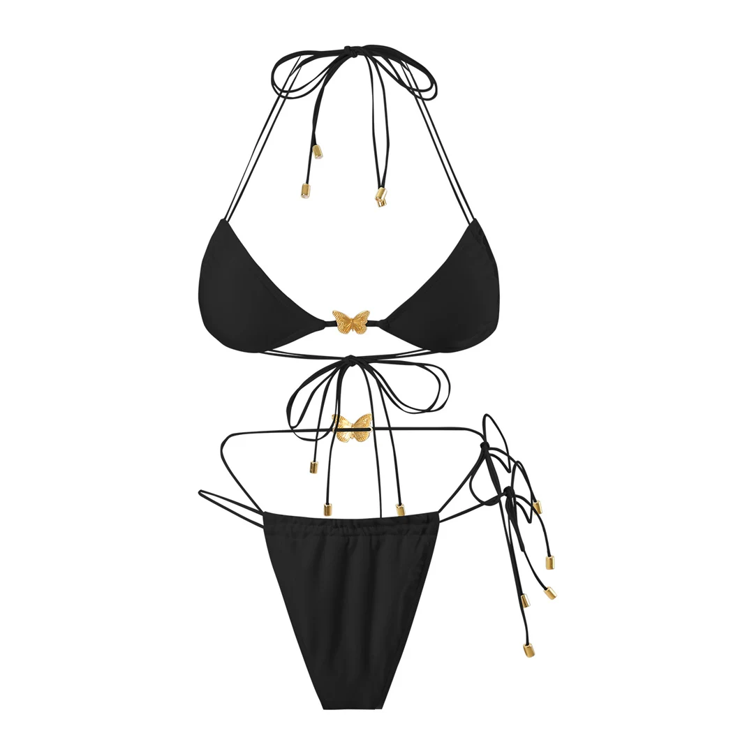 Metall-Schmetterlings-Halterneck-Bikini mit hohem Beinausschnitt, zweiteiliger Damen-Bikini, Badeanzug, Badebekleidung, Badeanzug, Schwimm-Bikini V6460 – Detail 14