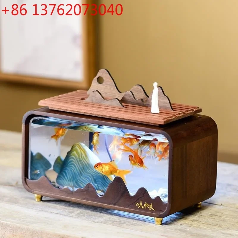 Water ornament black walnut solid wood small mini desktop fish tank