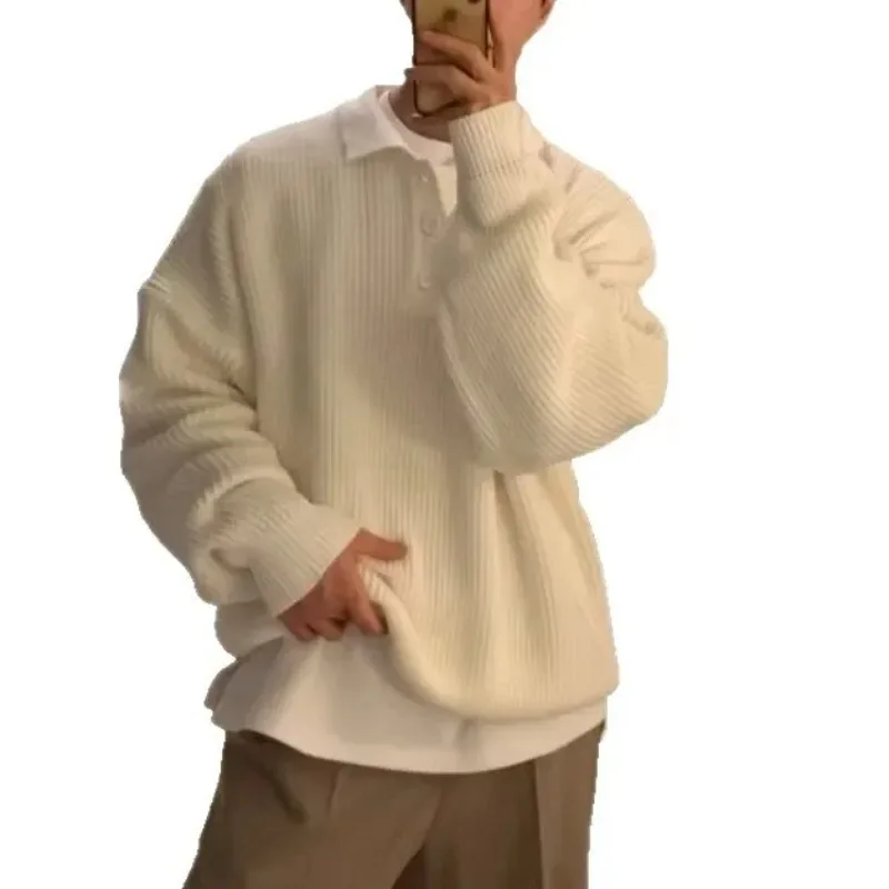 قميص بولو محبوك بأكمام طويلة للرجال فضفاض ملابس خارجية شتوية غير رسمية نمط كسول سترة رجالية عصرية للخريف والشتاء #6