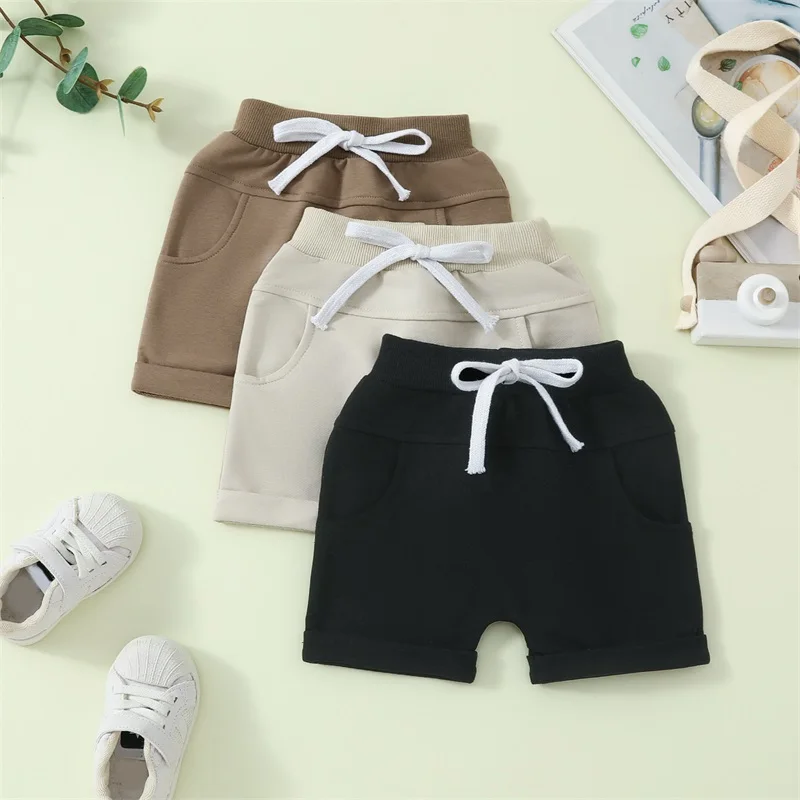 Conjunto infantil de 3 peças para crianças, verão, cintura elástica, shorts de cor sólida, corredores para meninas, calças curtas casuais para bebês