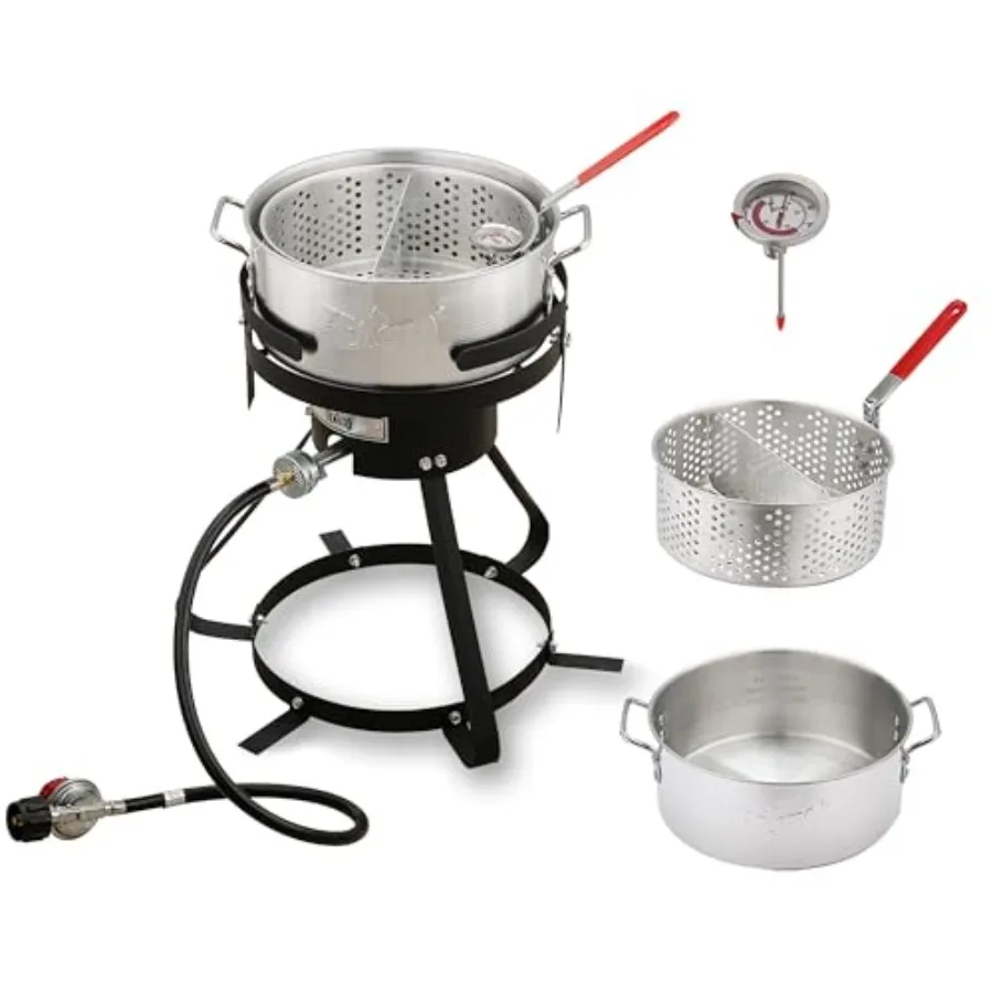 

10 Qt Aluminum Outdoor Propane Gas Fish Fryer Pot Kit with Strainer Basket 50 000 BTU Burner Adjustable 0-5 PSI Regulator Perfe