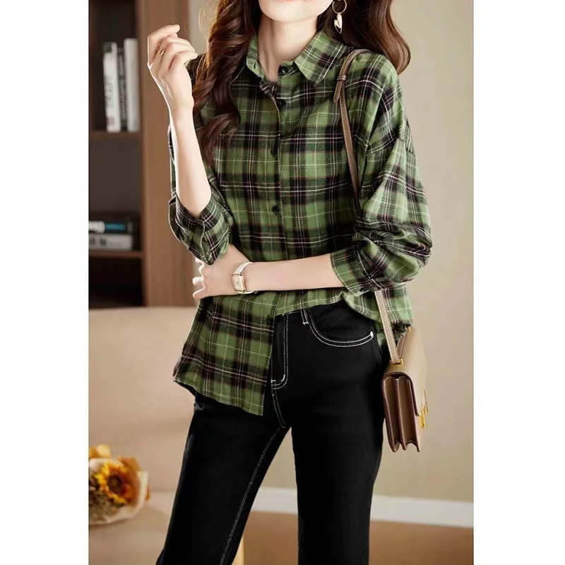 Loose Checked Shirt for Women 2023 Cotton Retro Commuting Polo-Neck Dovetail Single Breasted Shoulder Drop Long Sleeve Blouse