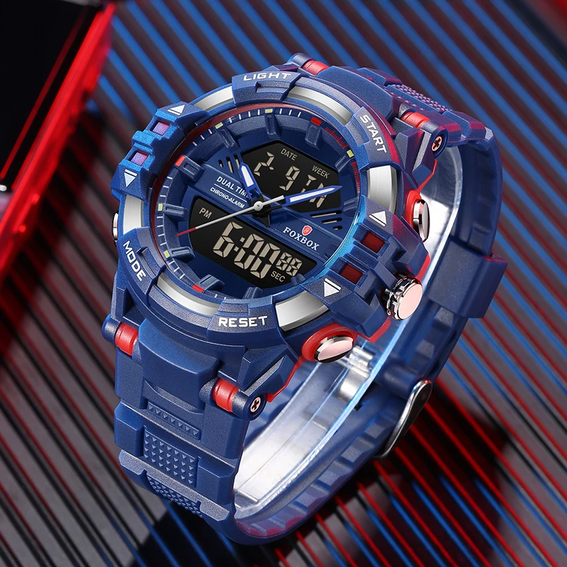 New Fashion FOXBOX Sport Watches for Men Dual Time Electronic Man Watch Shock Resistant LED Clock Military Casual Wristwatch+Box