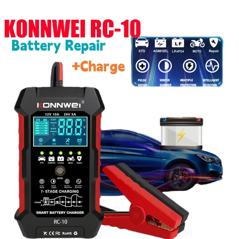 For Konnwei RC-10 12V10A & 24V5A Battery Charger Pulse Repair Tool for Lead-acid Automotive, Marine, Deep-cycle Batteries