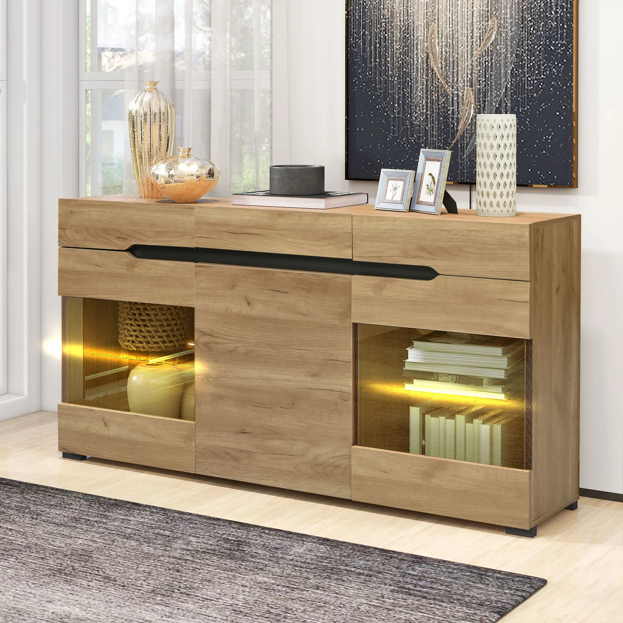 Buffet de salon 3 portes 3 tiroirs - panneaux de particules - 140x35x80 cm - naturel