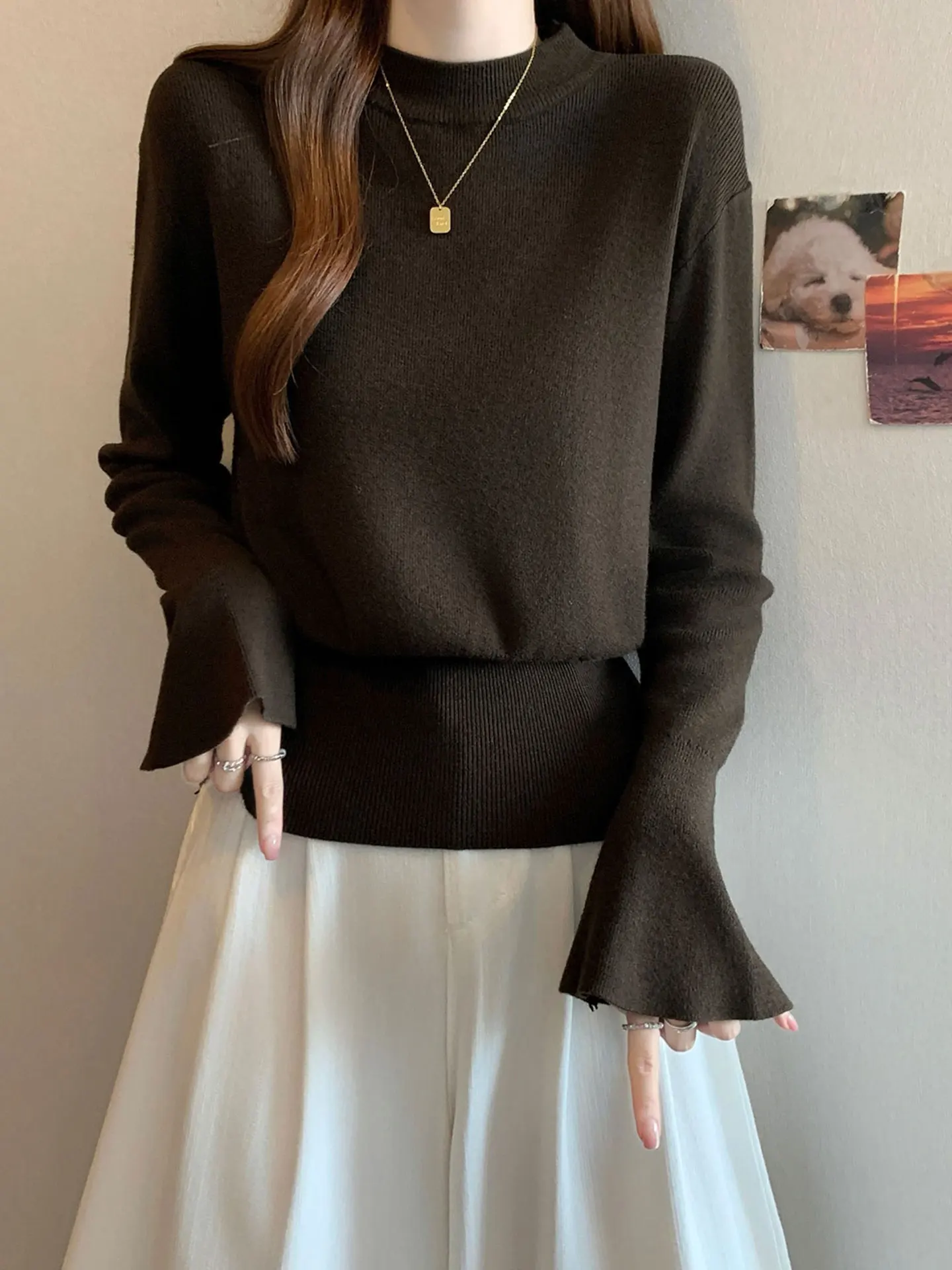 

Женский вязаный свитер Long Sve кофейного цвета Bell Sve, повседневная внутренняя одежда, базовый топ, большие размеры, осень-зима