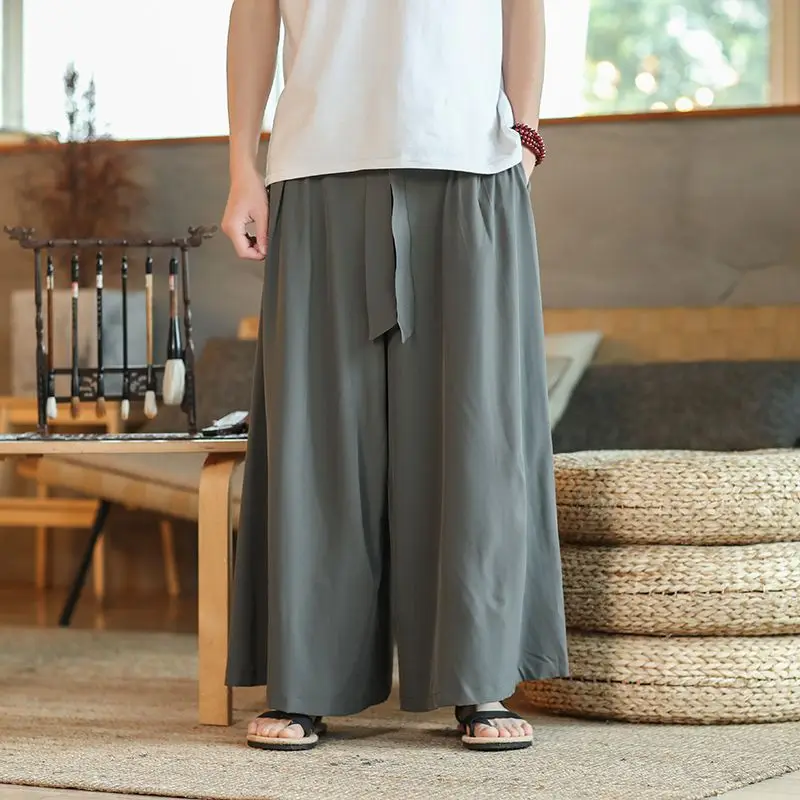 Ice Silk Wide Leg Men's Pants Ethnic Fairy Atmosphere Tang Costume Trousers Hanfu Style Summer Casual High Waist Straight Cut