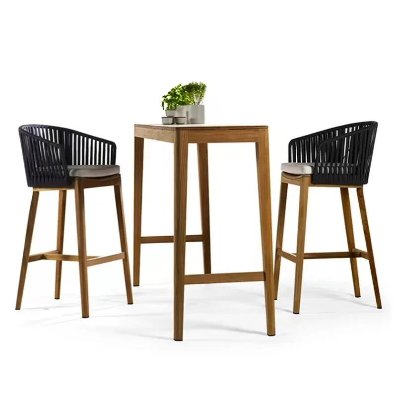 Rope Outdoor Bar Chair Outdoor Bar Tall Hotel Cafe Outdoor Leisure Teak Bar Rattan Solid Wood Chair