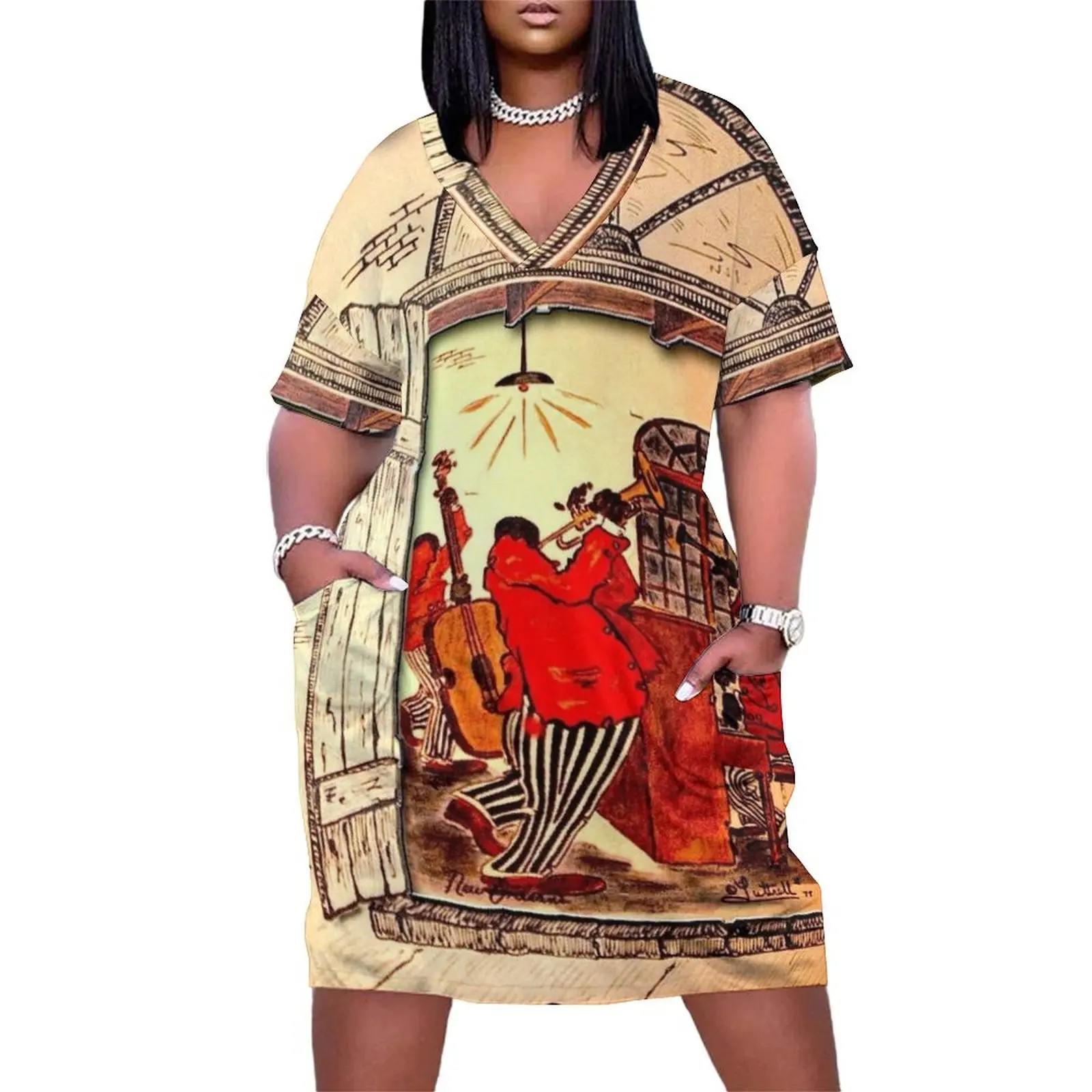 

NEW ORLEANS: Vintage Mardi Gras Jazz Advertising Print Loose Pocket Dress women"s luxury party dress summer dress