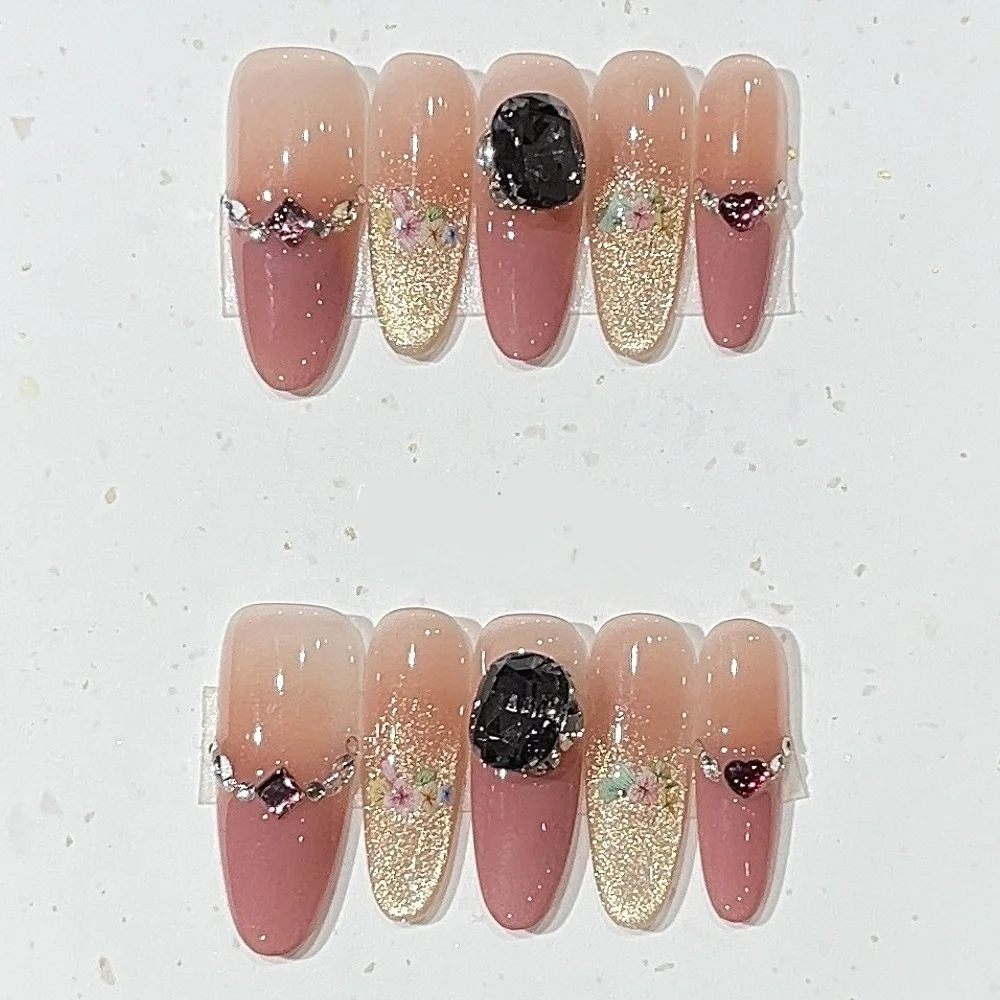 10 pièces faux ongles faits à la main conseils portable paillettes violet long ovale faux ongles Art avec strass conception oeil de chat presse sur les ongles