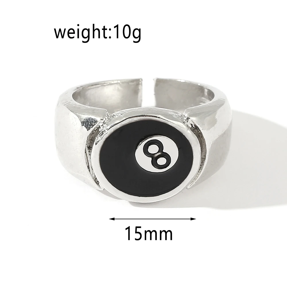 Fashion Punk Personality Black Eight Billiards Ring Open Adjustable Metal Silver Color Finger Rings Jewelry For Women Men Gifts