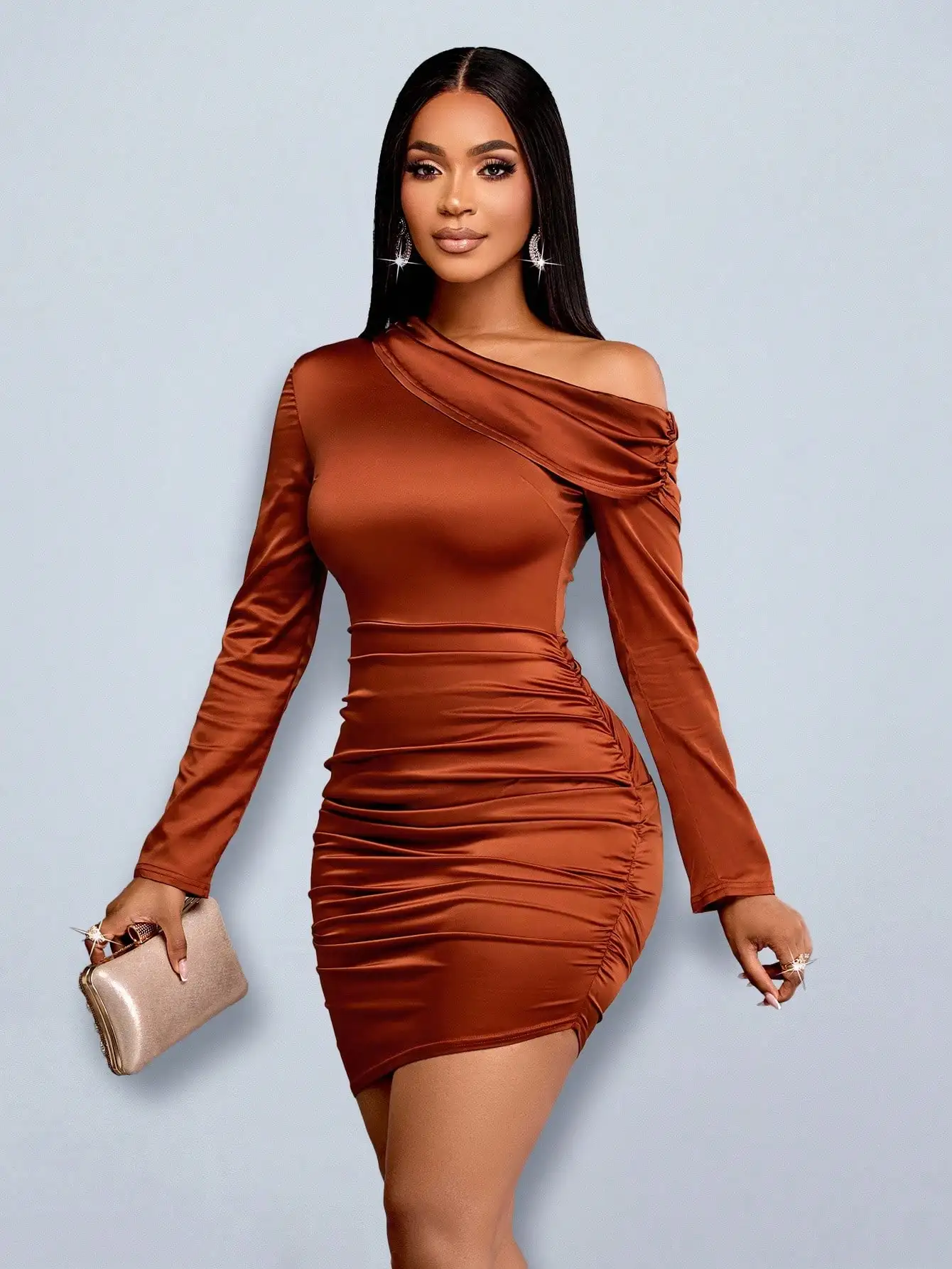 여성용 우아한 비대칭 넥라인 긴 소매 주름 미니 새틴 드레스 파티 필수템 가을 여성 의류
