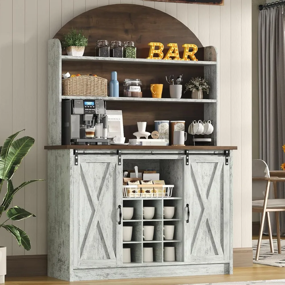 

Coffee bar with 3 levels of storage space, 67 coffee bar cabinets with sliding barn doors and wine racks, kitchen cabinets