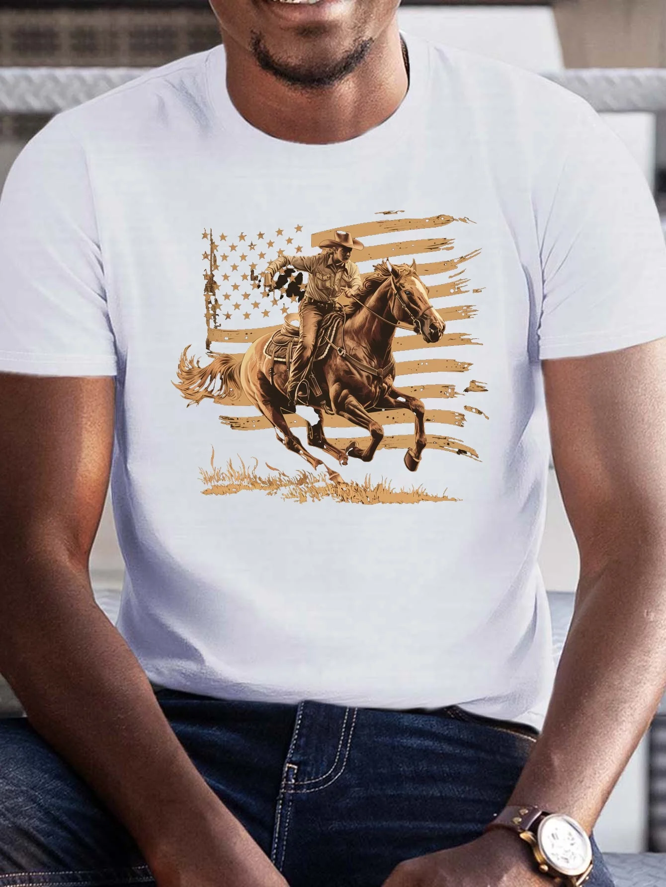 

Men's Casual Cowboy & Horse Print T-Shirt - Breathable Polyester, Short Sleeve, Round Neck - Perfect for Summer