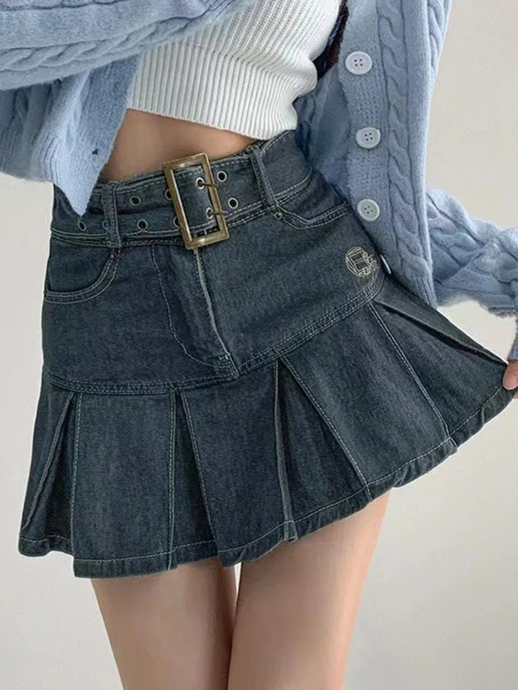 Embroider denim skirt women\'s clothing spring and summer retro pleated skirt empire look slimmer mini skirt