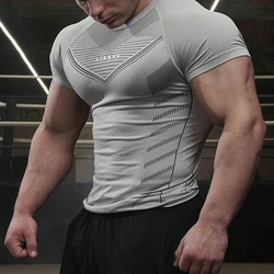 New Men Gym T-shirt High elasticity bodybuilding fitness quick dry short sleeve men's sports Casual tops trend running T-shirt