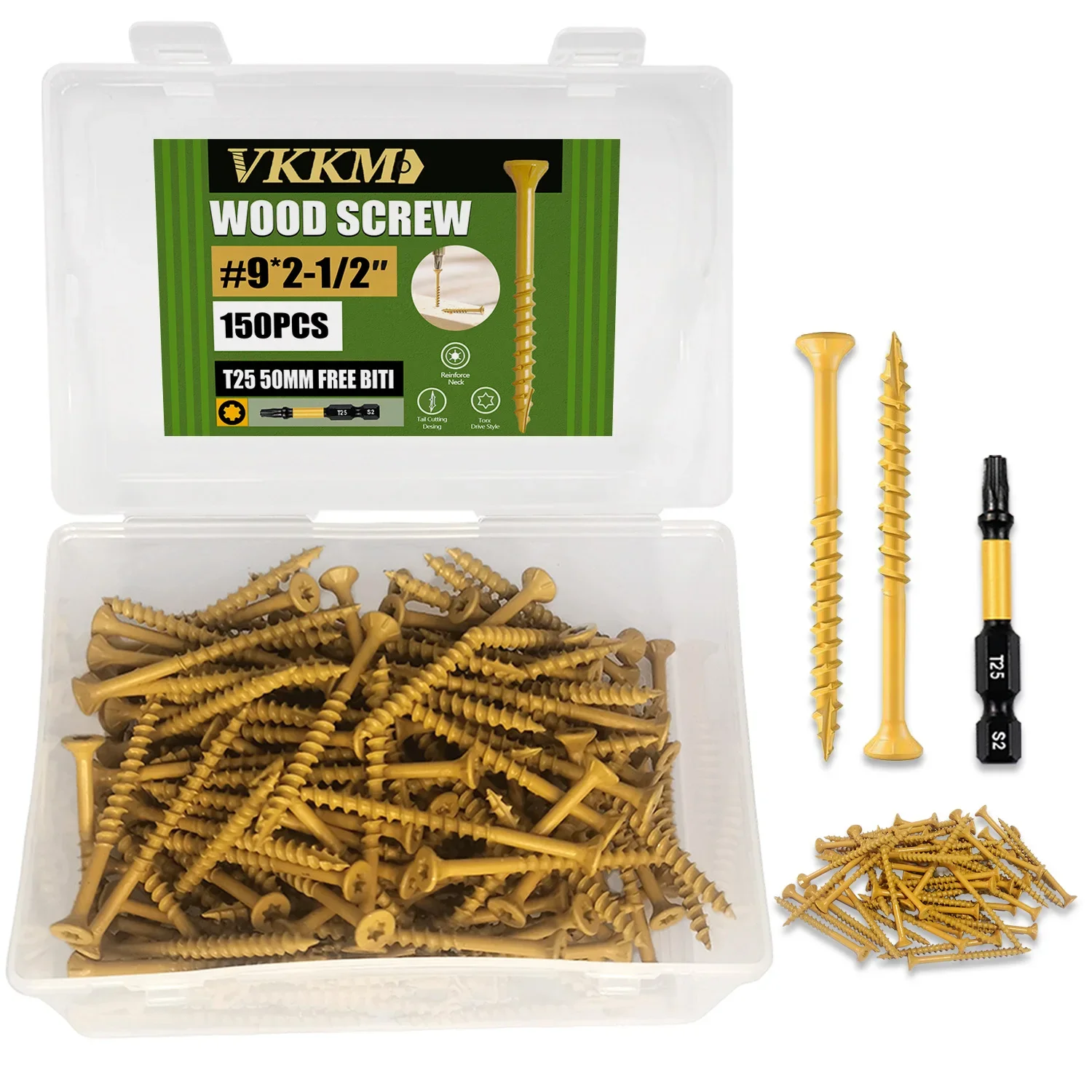 

VKKM 150Pcs #9x2-1/2" Rust Resistant Exterior Epoxy Coated Deck Screws, Torx/Star Drive w/ T25 Bit, Tan for Outdoor Use