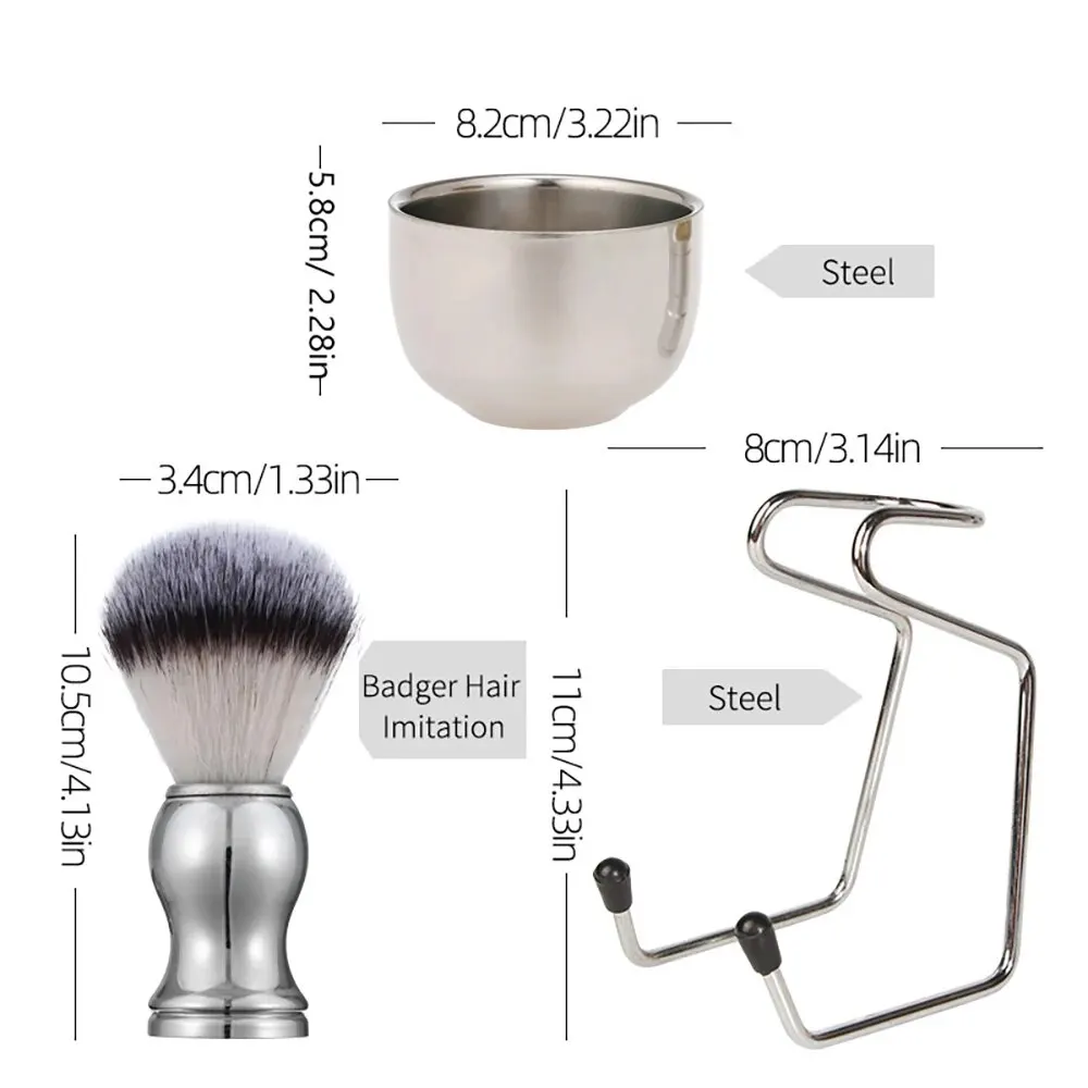 3in1 Vegan Style Synthetic Badger Hair Shaving Brush, Stainless Steel Shaving Soap Bowl and Brush Holder Stand Set for Men