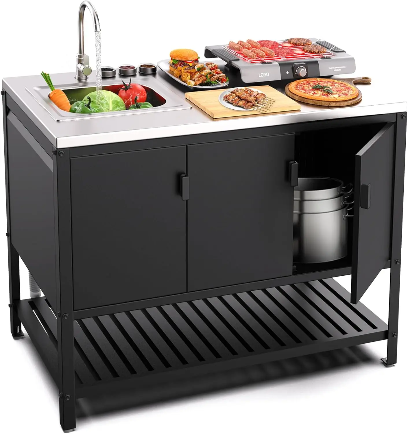 

Уличный кухонный остров с раковиной, печью для пиццы, столом для барбекю, подставкой для гриля, столом для приготовления пищи, отдельно стоящая хозяйственная раковина для заднего двора