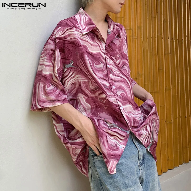 

INCERUN Tops 2024 Handsome New Men Casual Retro Fluid Printing Blouse Stylish Well Fitting Streetwear Short Sleeved Shirts S-5XL