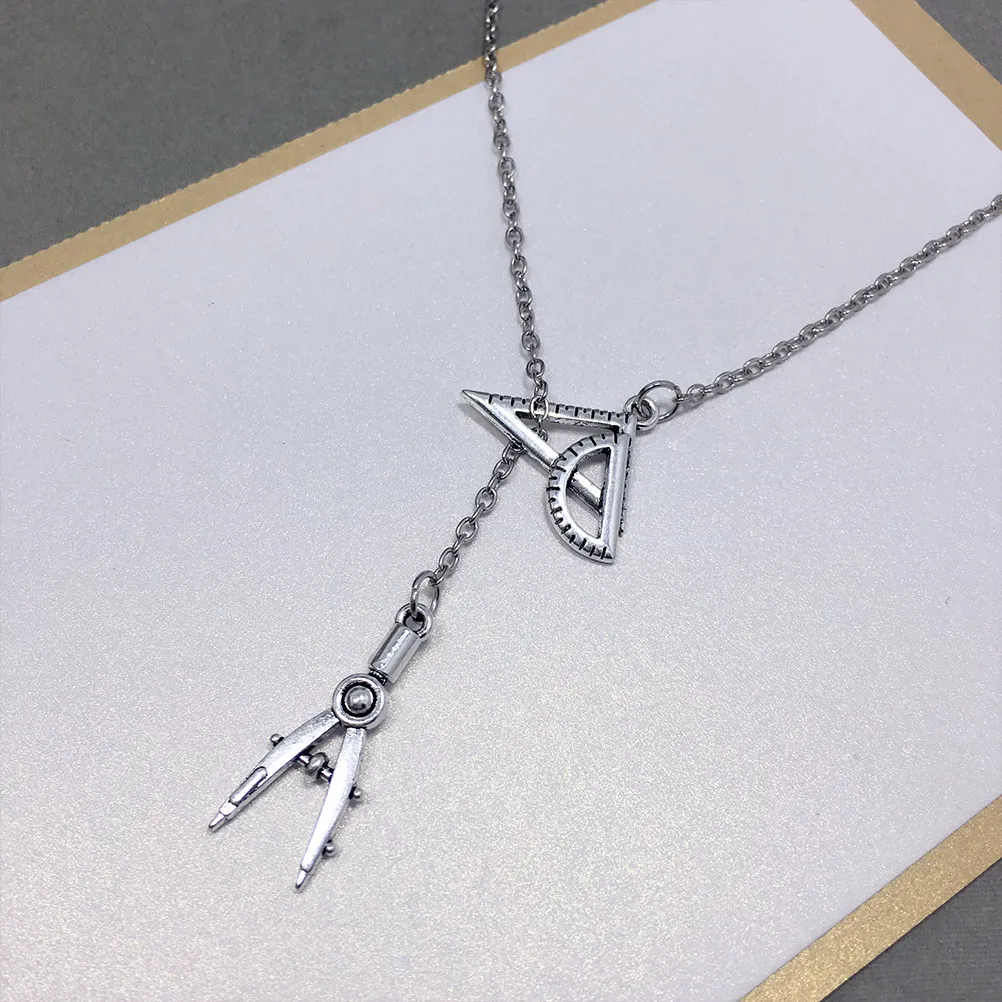 2Pcs Compasses and Ruler Necklace Alloy Pendant Creative Engineer Jewelry Gift for Students Teachers Birthday Wedding Mom