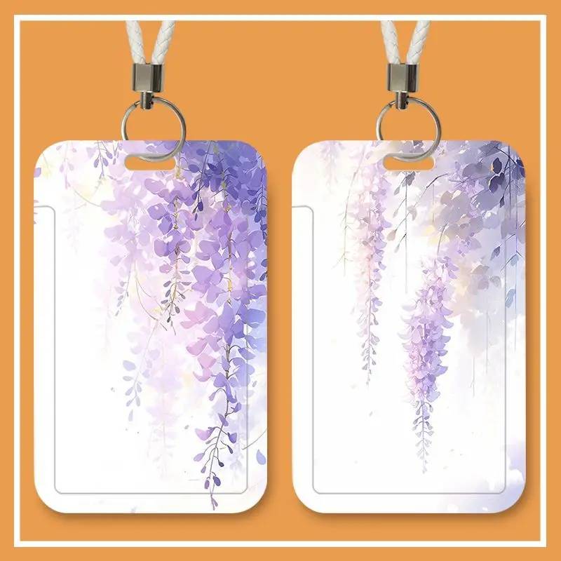 Purple Ins Style Floral Student Campus Lanyard Cards Holder Keychain Photo Sleeves Bank Business Work Card Holder for Kids Gift