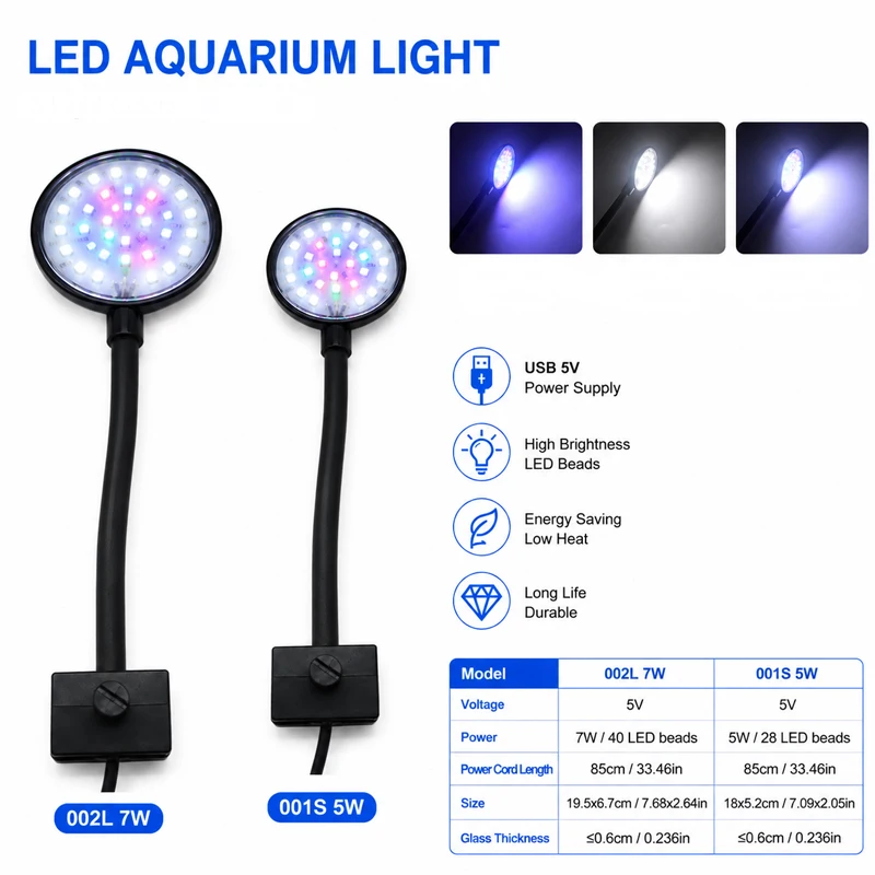 USB Aquarium LED-Lampe Fischbecken-Beleuchtung Deko Aquatische Pflanzen Mehrere Modi Dimmbare Helligkeit Vollspektrum Mini-Klemmleuchte 5V – Detail 4