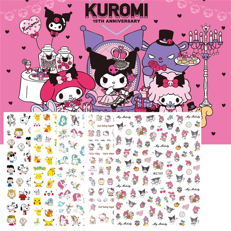 Miniso Kuromi Hello Kitty Nail Art Stickers Nail Decoration Animation Pokémon Barbie Princess 3D Nail Stickers Sliders For Nails