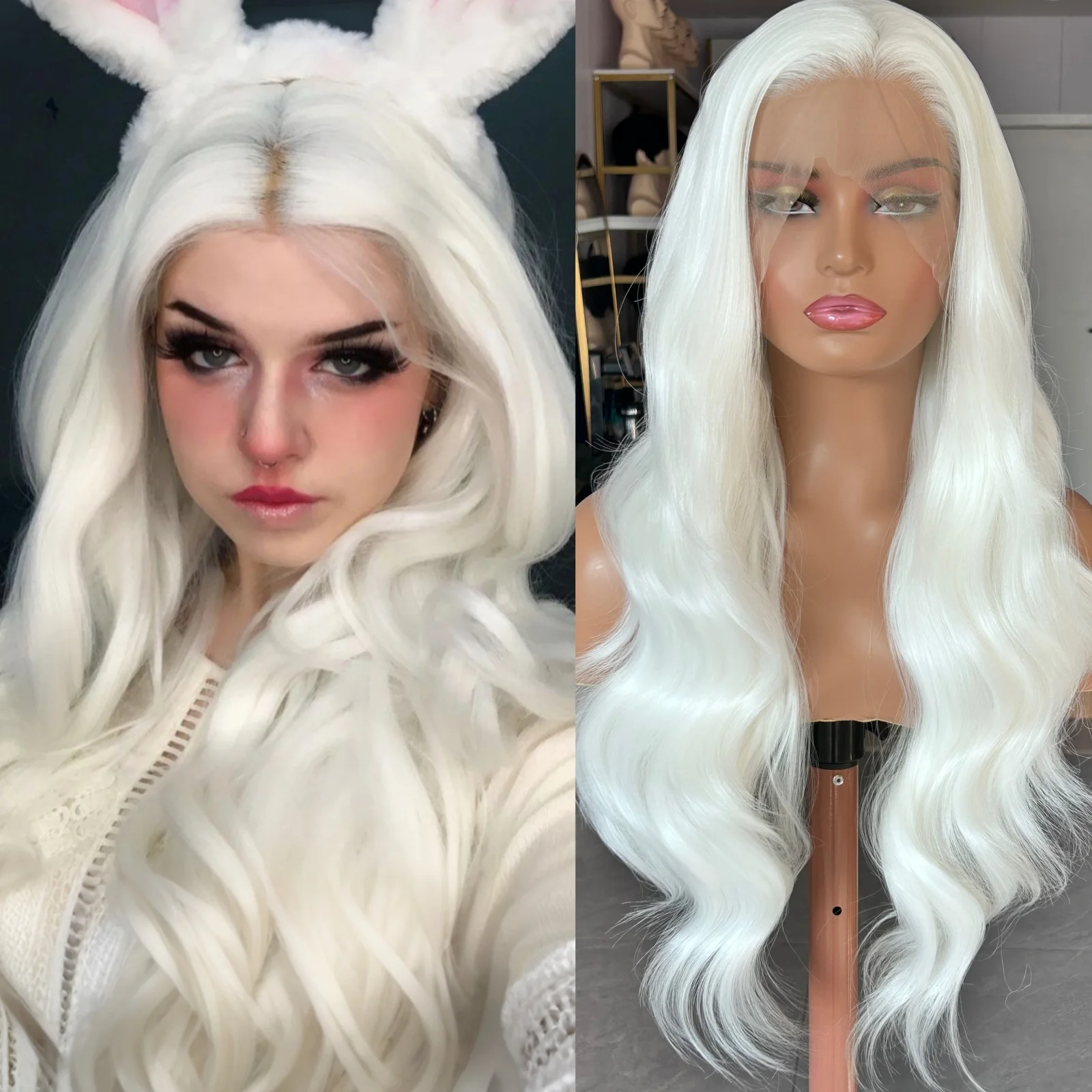 White Wig Natural Wavy Lace Synthetic Lace Front Wig Glueless Wigs Ready to Wear Long White Wig Glueless Lace Wigs for Women