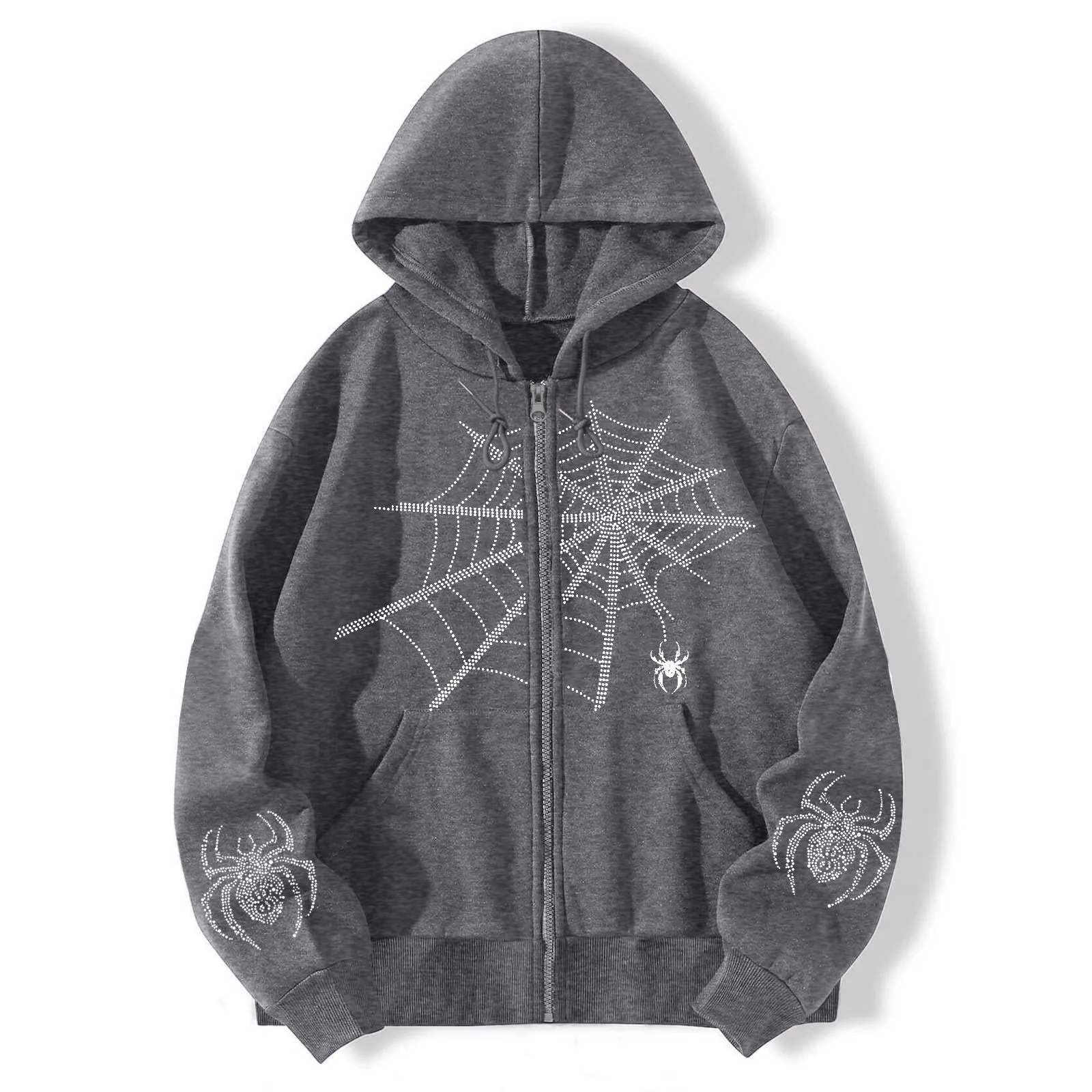 New American Vintage Spider Print Hoodie Matrix Cardigan Loose Zip Up Sweatshirt Autumn Winter Fleece Lined Jacket