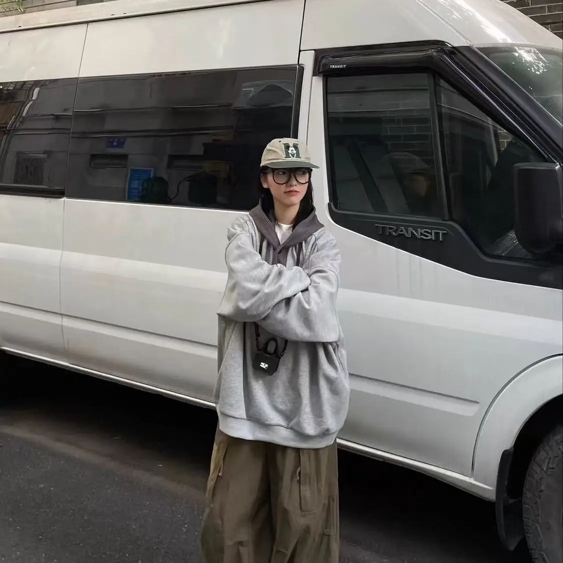 

Waffle Knit Sweatshirt With Hat Womens Hoodies For Girls Autumn American-Style Long-Sleeved Knitting Stitched Soft Lining Ladies