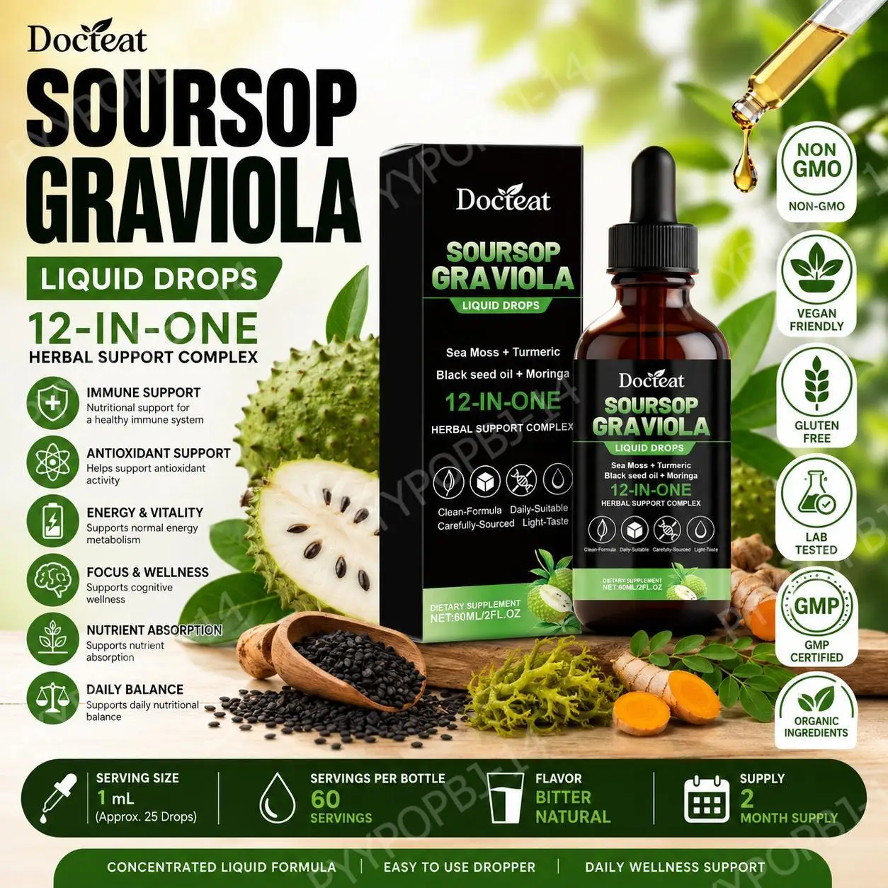 Docteat Soursop Graviola Liquid Drops with Vitamin C B6 and Zinc for Antioxidant Immune and Energy Metabolism Support 60 Ml
