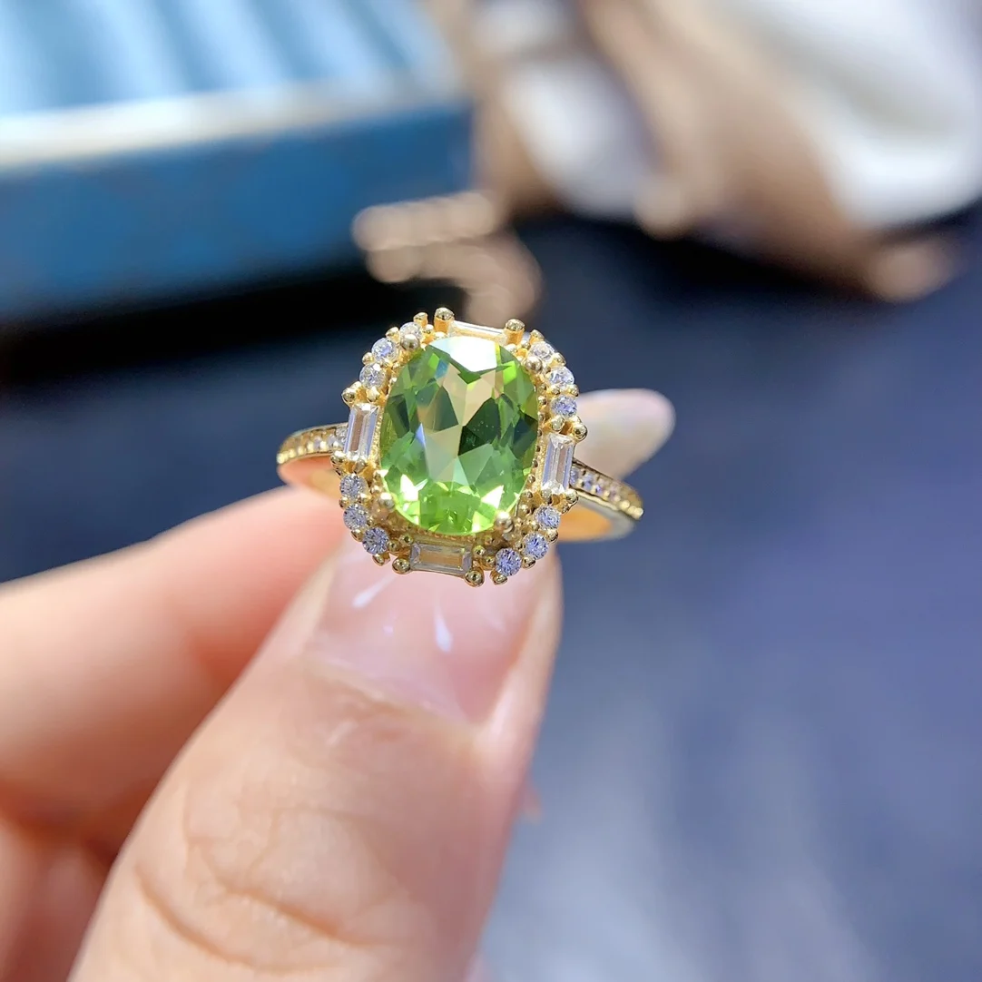 

FS S925 Sterling Silver 7*9Natural Olivine Ring for Women Fine Fashion Charm Weddings Jewelry Certificate MeiBaPJ Official Store