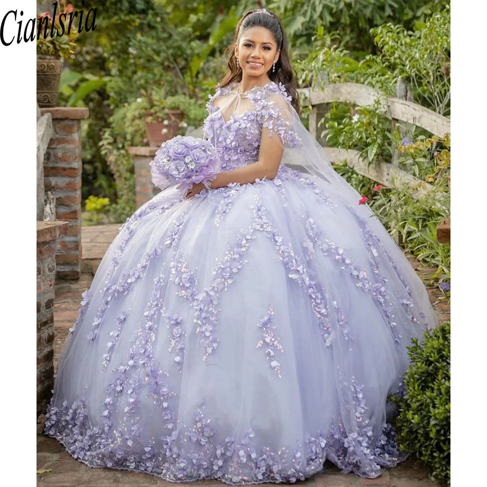

Lilac Quinceanera Dress With Cape Beaded Crystal Ball Gown 3D Flowers Corset Vestido De 15 Anos