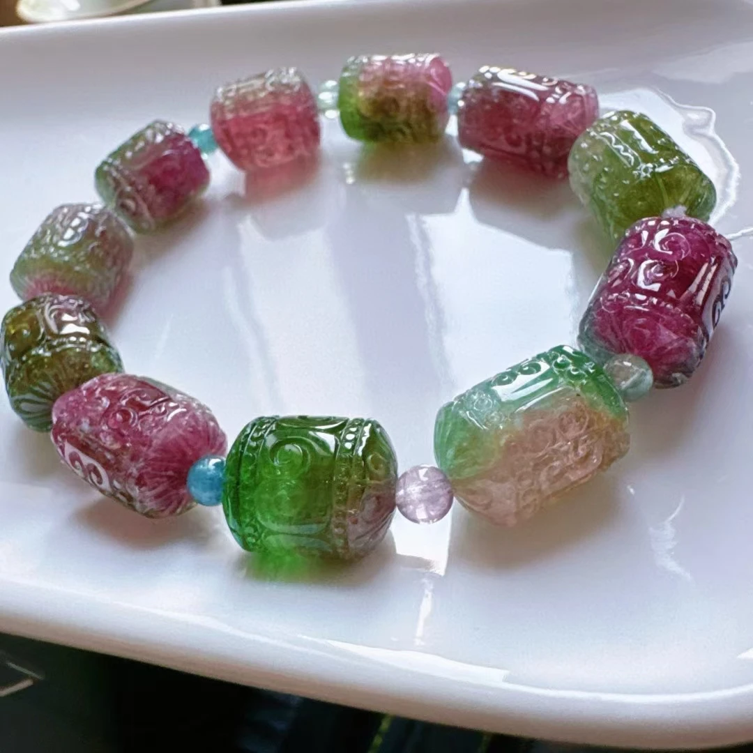 Natural Colorful Tourmaline Clear Barrel Beads Bracelet 14/10.8mm Red Green Tourmaline Women Men Jewelry AAAAAAA