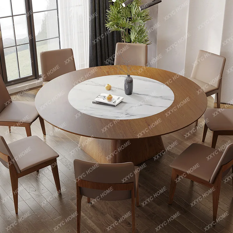 L1.8 meters large round dining table 12 people household solid wood walnut color ribbon embedded turntable round table