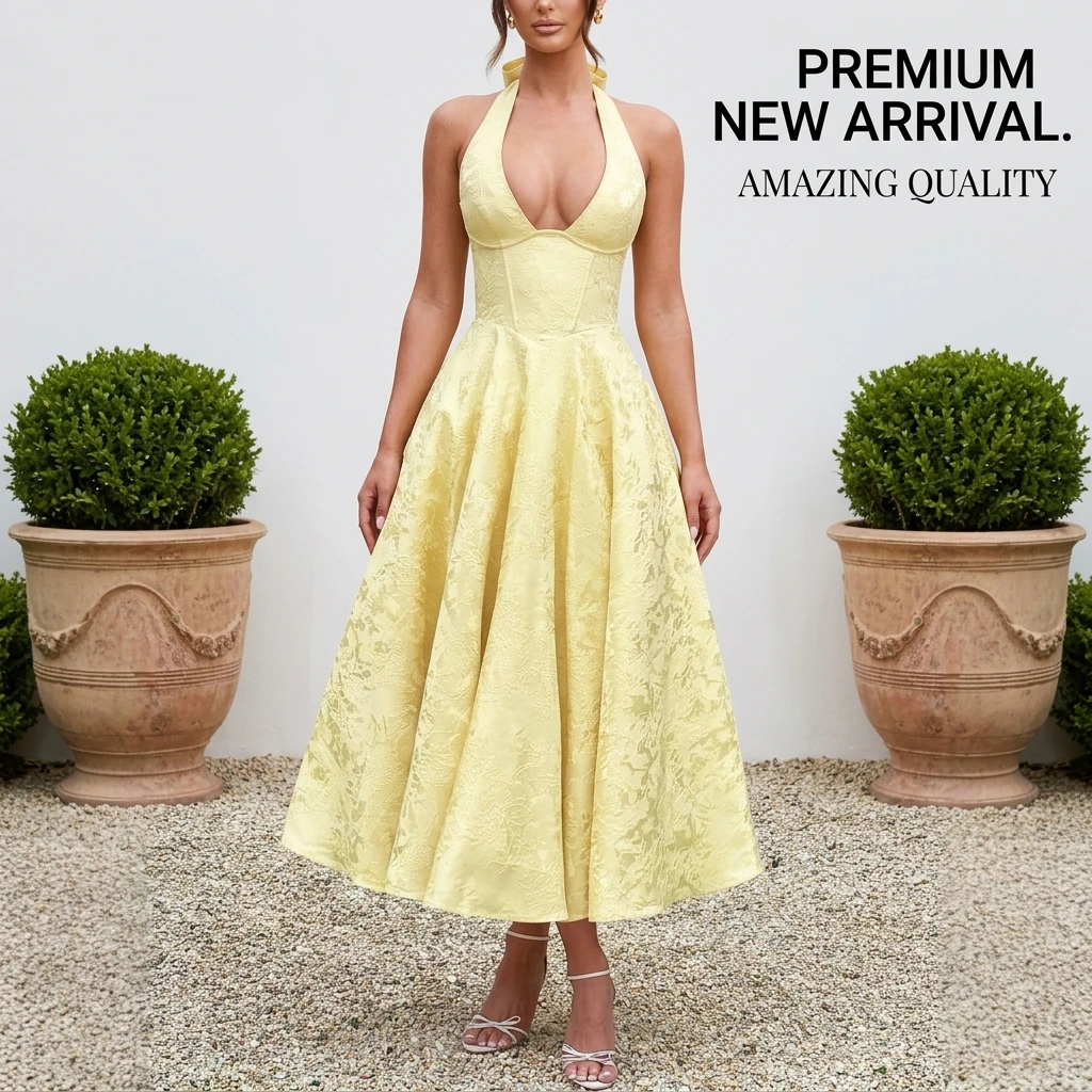 Evening Dress Halter V-Neck Jacquard Sleeveless Backless Lace-Up Corset Waist Flared Midi Party Gown for Women