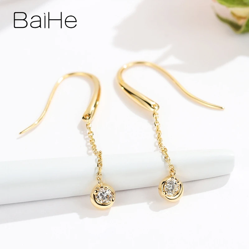 BAIHE Solid 18K Yellow Gold H/SI Natural Diamond Ear Hook Tassel Earrings Women Trendy Fine Jewelry pendientes mujer серьги