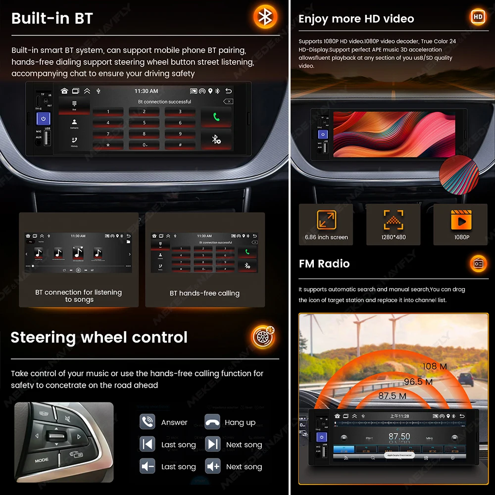 1DIN 6.86-inch Android System 2+32G Wireless CarPlay Auto HD touch Screen Multimedia player Universal Car FM Radio Stereo MP5 BT