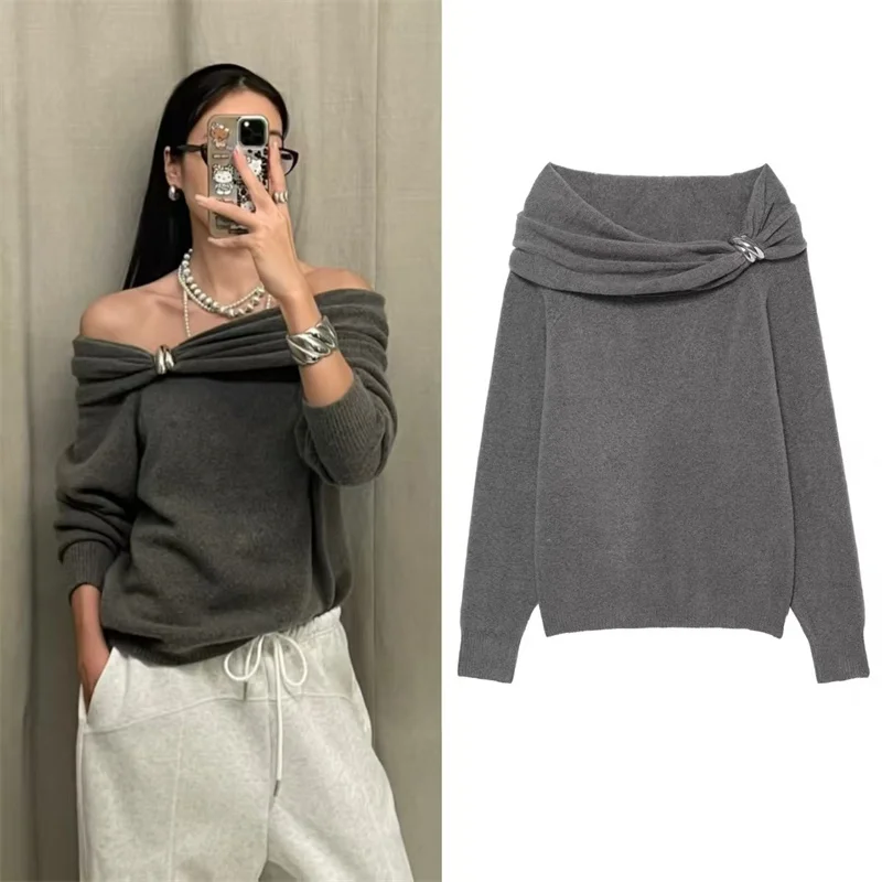 توب نسائي لخريف 2025 وصل حديثًا بلوفر رمادي بأكمام طويلة مكشوف الأكتاف مزين بالمعدن بلوفر متماسك مثير فريد من نوعه