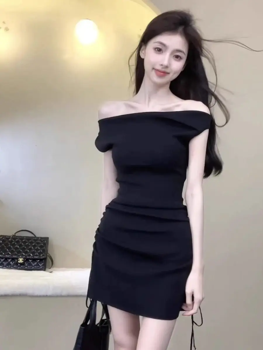 Vestido Sexy elegante de manga corta con hombros descubiertos para mujer, vestidos ajustados plisados de estilo francés picante para verano 2025