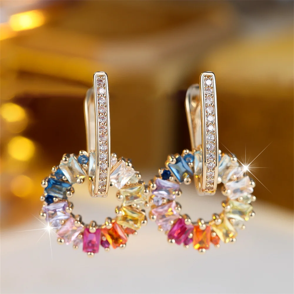 Mehrfarbige Zirkon-Quadratstein-Regenbogen-Creolen für Frauen, trendige goldfarbene Ohrklemmen, Hochzeitsschmuck, Valentinstagsgeschenk