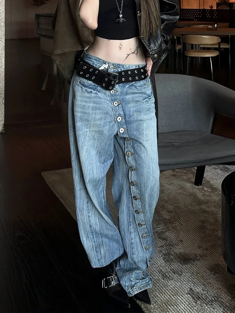 Retro Distressed Denim Pants Women's Summer New Style American Hot Girl Side Button Slip-On Floor-Length Jeans