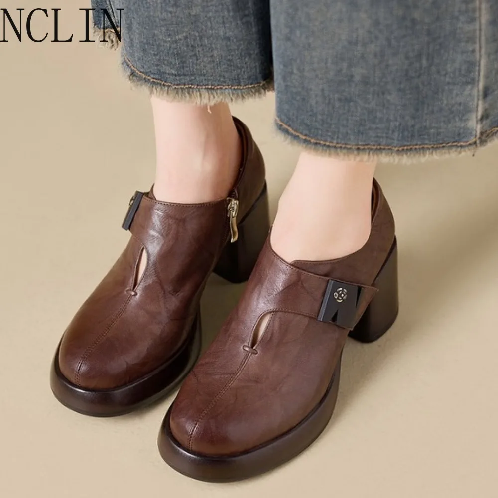 Autumn/Winter New Women's Loafers Round Toe Thick Heels Platform High Heels Zipper Design Genuine Leather Women's Shoes