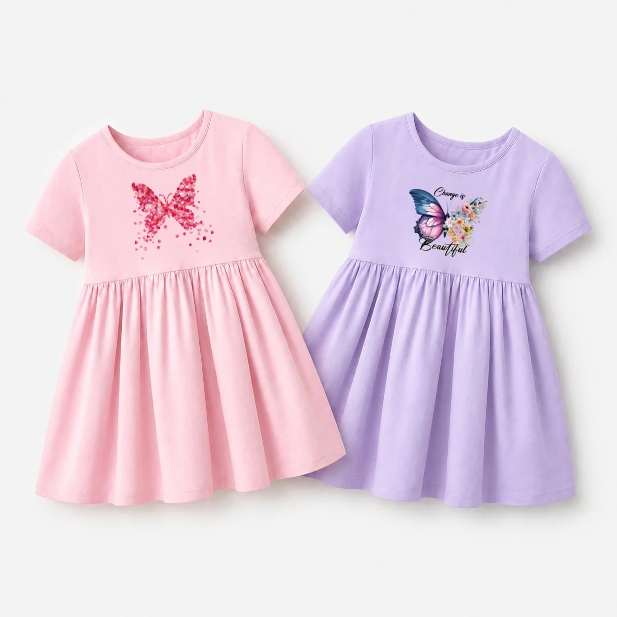 Fashion Butterfly Dress for Toddler Girls Short Sleeved Casual Clothing Pink Purple 2-Color Cotton Dress