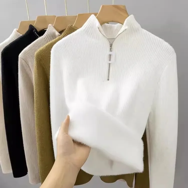 Fleece, Thickened Base, Integrated Fleece Sweater Inside, Foreign-style Zipper Knitted Sweater, Semi-turtleneck Top.