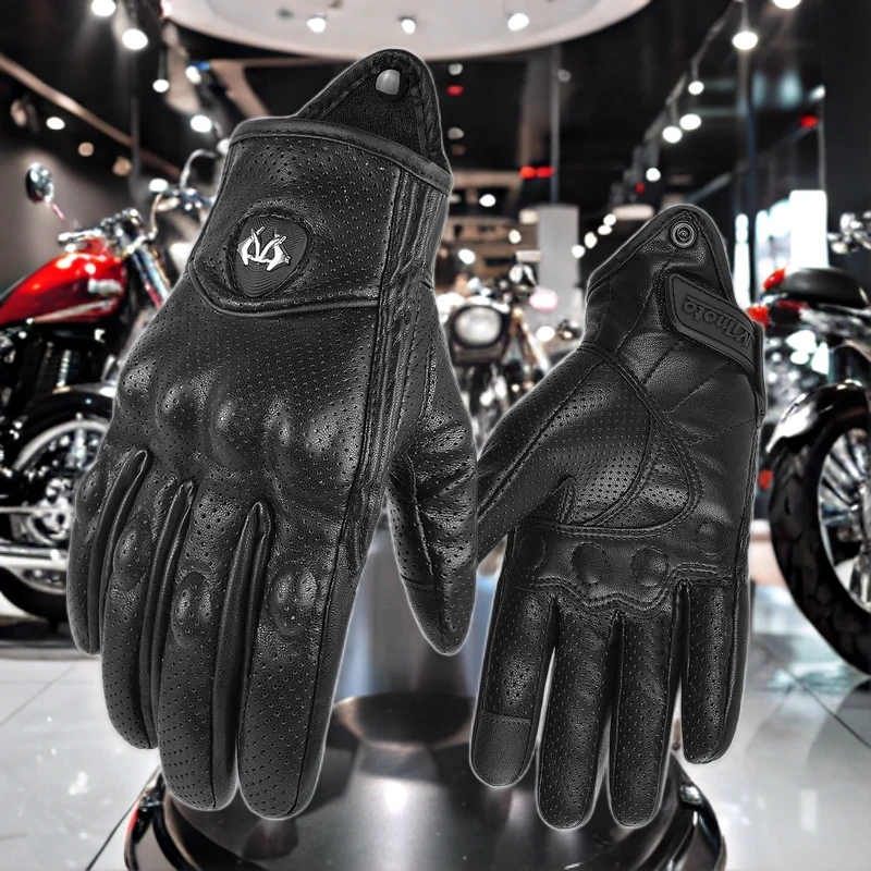 

Retro Motorcycle Gloves PU Leather Touchscreen Protective for Men Women Perforated Breathable Motorbike Motorcross Cycling Glove