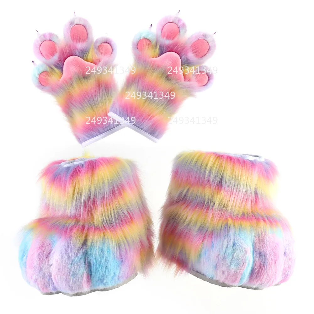 Rainbow Furry Fursuit Gloves Shoes Cosplay Costume Accessories Colored Fox Cat Paws Set Man Woman Comic-con Party Dress Up Props