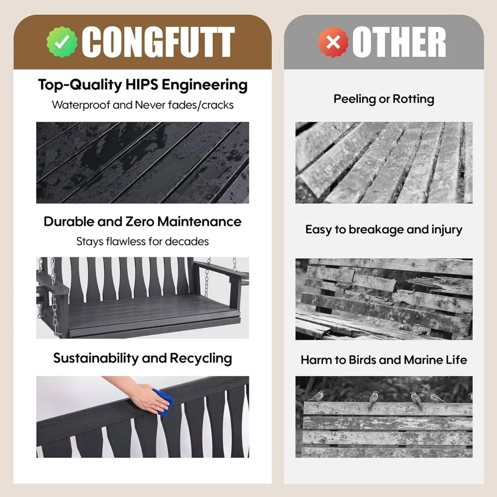 أرجوحة الشرفة المعلقة في الهواء الطلق في جميع الأحوال الجوية، مقعد أرجوحة معلق بمقعدين مع حاملات أكواب، كرسي أرجوحة للفناء مع سلاسل معلقة